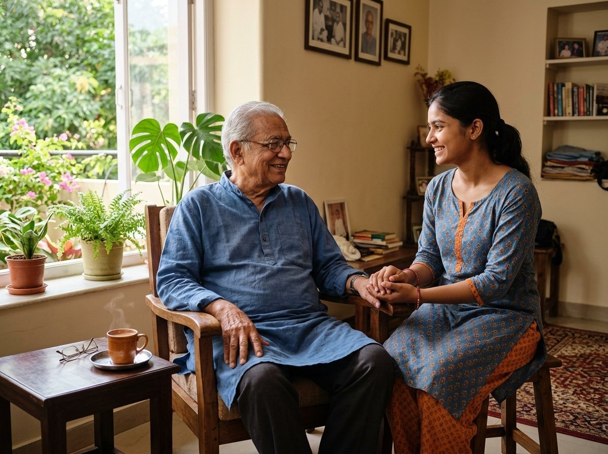 Elderly resident smiling with caregiver volunteer